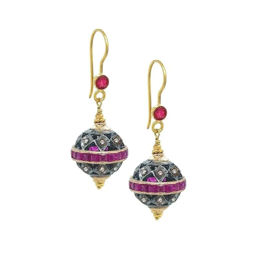 18K recycled yellow gold and antiqued silver lattice globes white diamond ruby hand-fabricated earrings