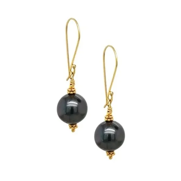 Ahe Tahitian black pearl and recycled 18K gold earrings hand-fabricated