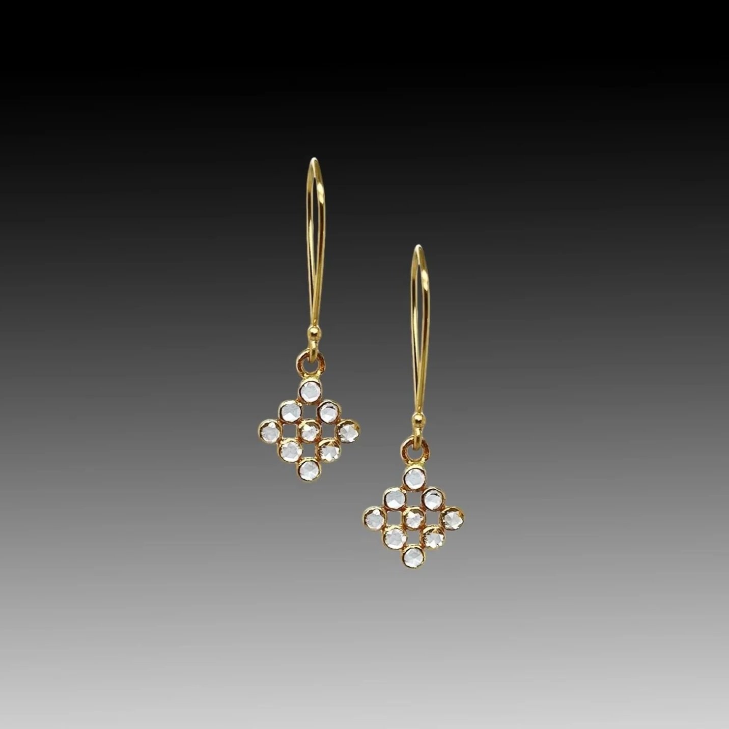18K gold and real diamond rose cut grid hand-made earrings
