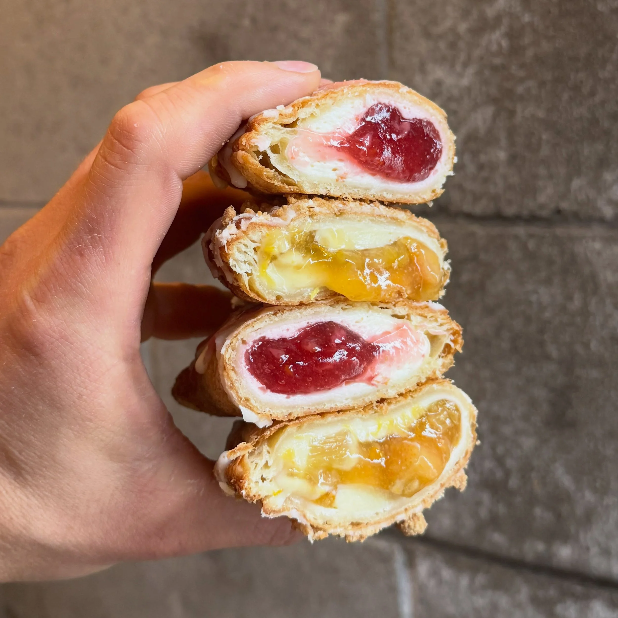The ultimate stack. 

Strawberry cheesecake fry pies are back and so are the rhubarb custard! 

Other incredible flavours this weeekend are:
Butter tart
Peanut butter mousse
Oreo cheesecake
Coconut cream
Blueberry cheesecake
Skor sugar cookie
Apple c