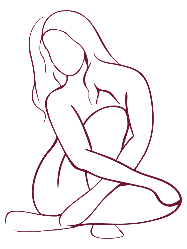 Illustration of the hand sketched outline of a women sitting crossed legged on the floor in aubergine color, representing the pressures that women face to be perfect in the face of discrimination. 90402 | 90027 | 90266