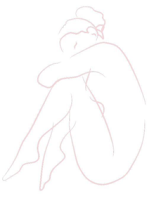Sketched minimalistic pink line drawing illustration of a woman hugging her legs, representing the struggles that women can face in life such as body image, pregnancy, menopause, self criticism and living under the patriarchy. 90401 | 90402 | 90015