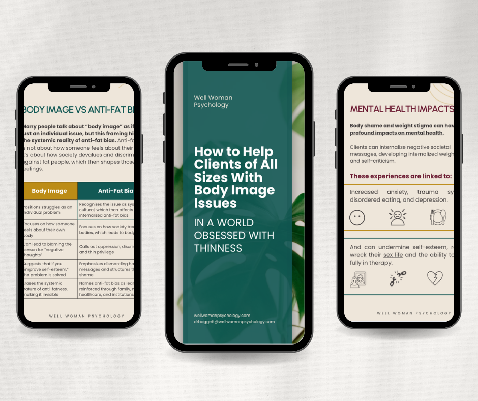 Image of the free resource that helps therapists provide inclusive care to people in all body sizes. Clinicians can harm pregnant people in many ways around anti-fat bias and this guide mitigates that risk. 90266 | 90274 | 90027