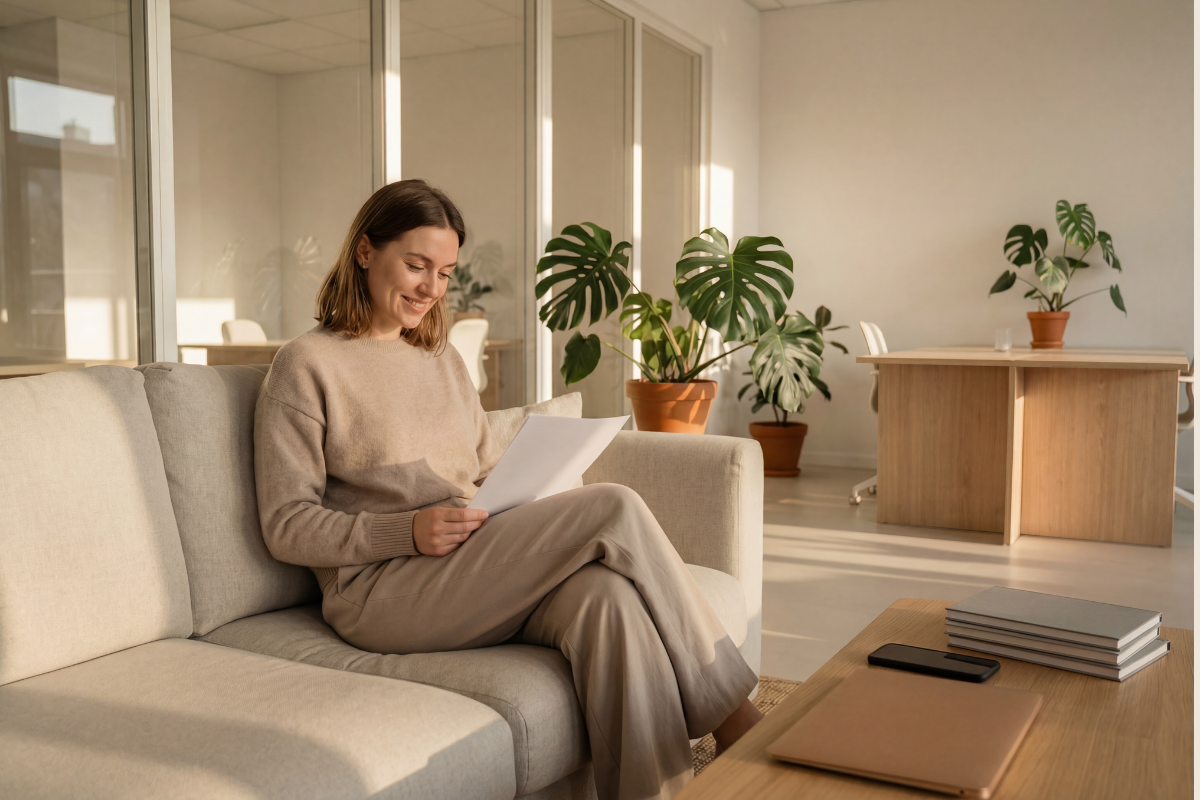 Photo of a woman in an office smiling representing the relief you can feel when you find a therapist who specializes in helping your specific issues and not just one who happens to be in network. 90094 | 90401 | 90266