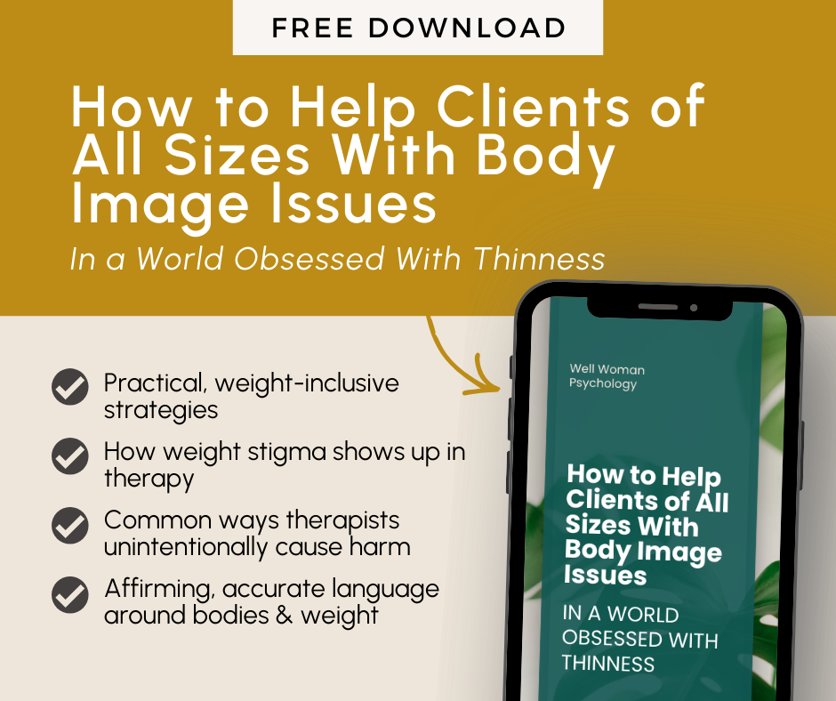 Image of the free guide to download. If you're a therapist it is essential to be fat positive and this resource helps you get there. 90401 | 90094 | 90402