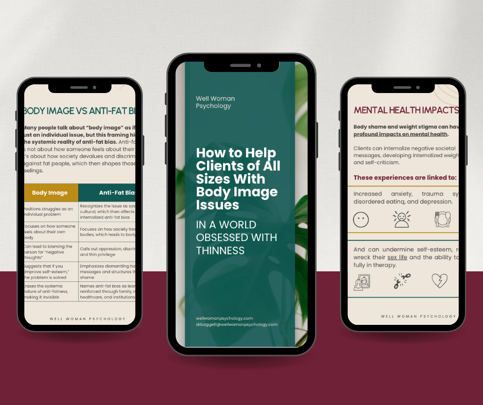 Photo of a mock up of the body image in therapy guide depicting the contents which include the harms of body shame on clients. 90402 | 90027 | 90266