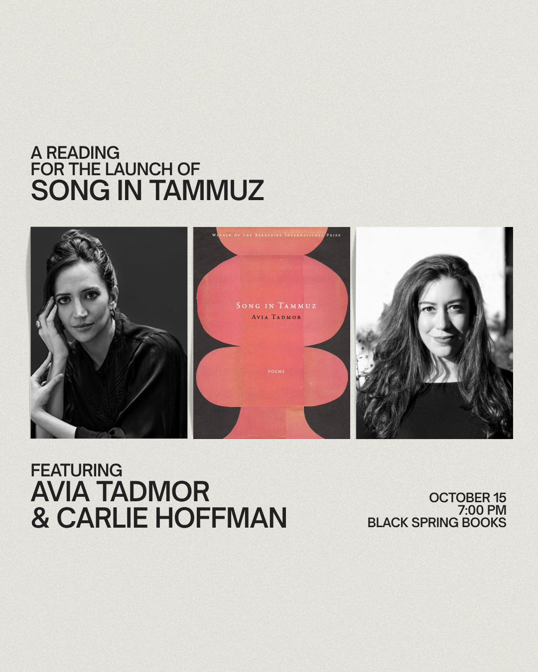 BOOK LAUNCH: SONG IN TAMMUZ BY AVIA TADMOR WITH CARLIE HOFFMAN