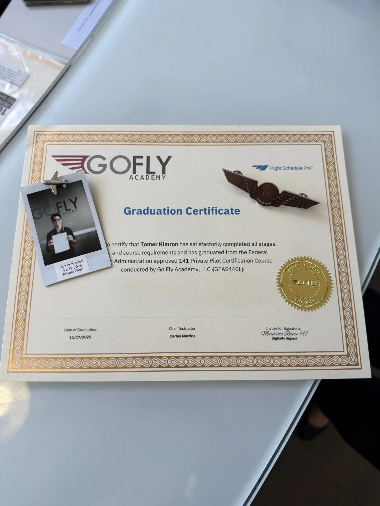 GoFly Academy&rsquo;s very own Graduation Certificates! Passing your Checkride and acquiring your pilot license is a huge accomplishment and we like to honor all of our students with this small gesture, your very own wings, just like the airlines! 

