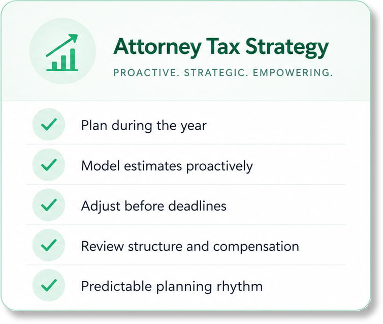 Attorney Tax Strategy. Plan during the year. Model estimates proactively. Adjust before deadlines. Review structure and compensation. Predictable planning rhythm.