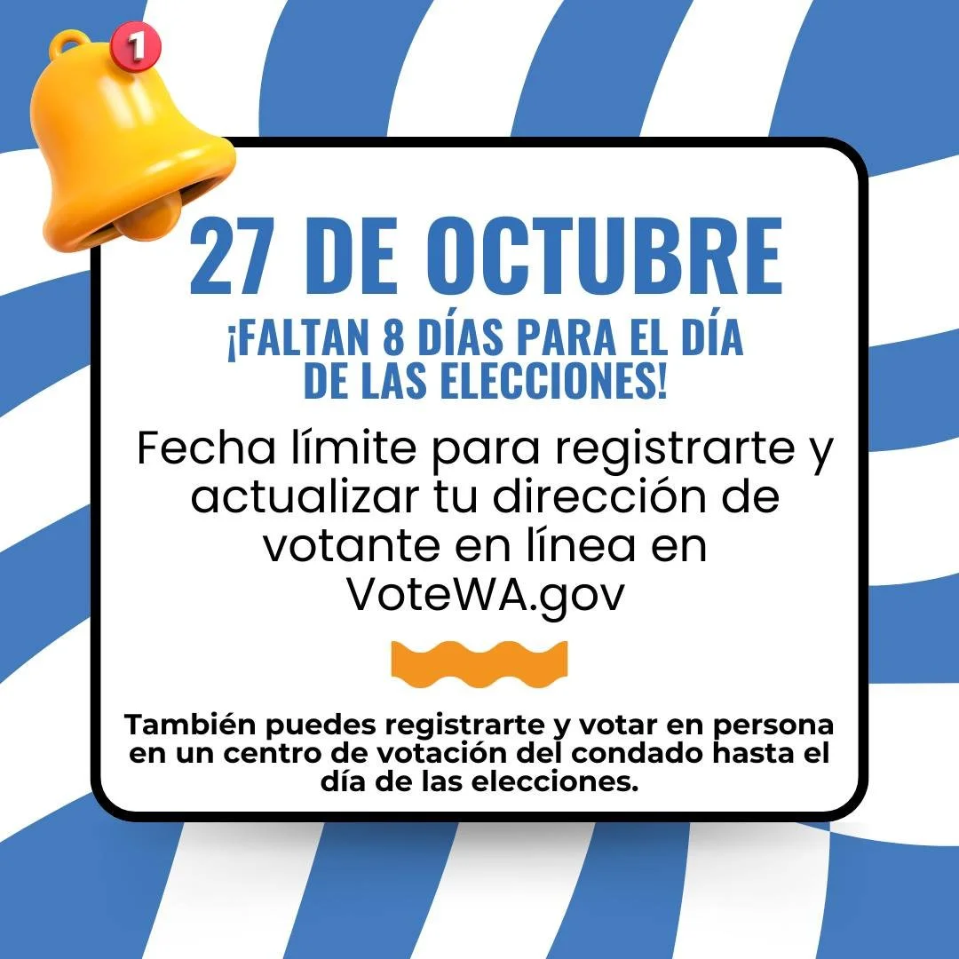 Heads up, Washington voters! If you haven&rsquo;t registered yet, there&rsquo;s still time, but don&rsquo;t wait!

Online and mail registrations must be received by October 27, 2025. You can still register in person up to 8:00 p.m. on Election Day.

