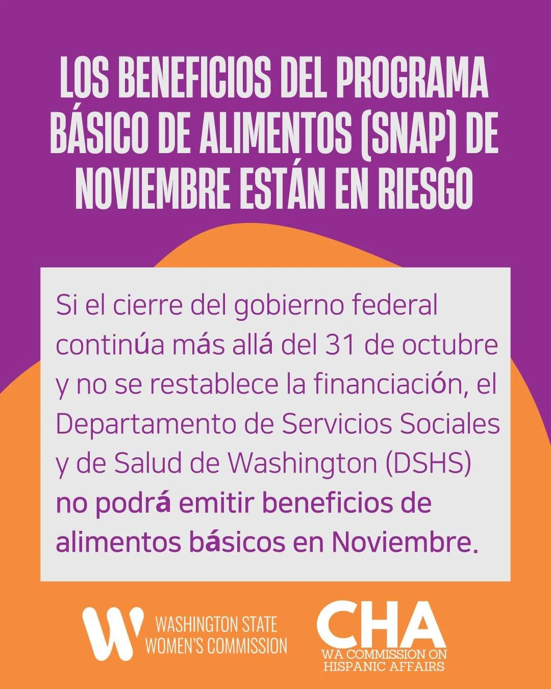 🚨IMPORTANTE: Si el cierre del Gobierno Federal contin&uacute;a despu&eacute;s del 31 de Octubre de 2025, el Departamento de Servicios Sociales y de Salud de Washington (Washington Department of Social and Health Services @wa_dshs  no podr&aacute; em