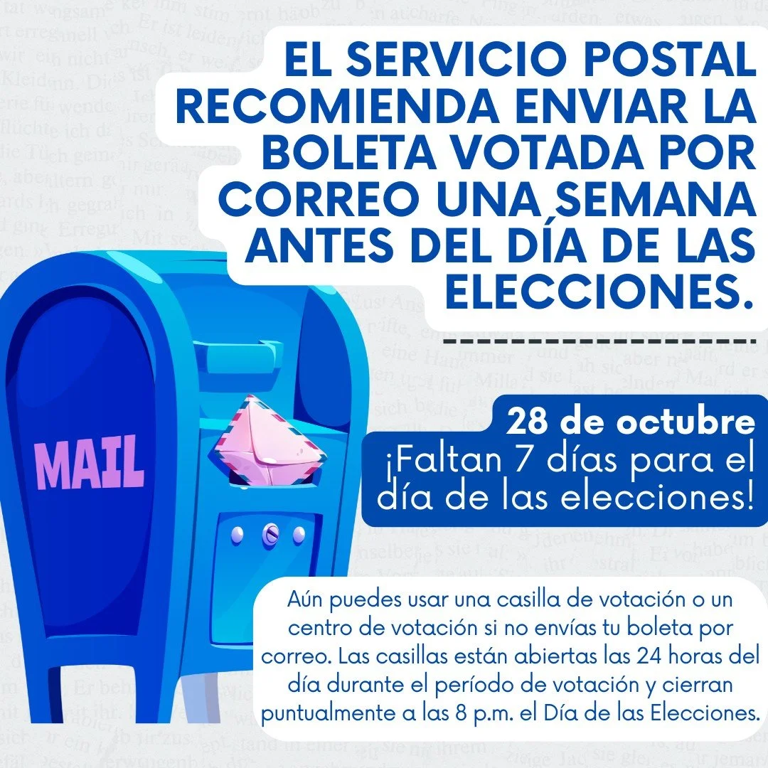 Hoy es 28 de octubre de 2025, el Servicio Postal de EE. UU. recomienda enviar tu boleta al menos una semana antes del D&iacute;a de la Elecci&oacute;n para asegurarte de que llegue a tiempo.

&iquest;A&uacute;n no la enviaste por correo? &iexcl;No ha