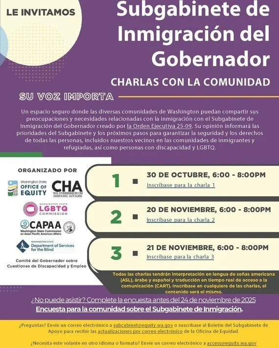 🦋Charlas sobre el Subgabinete de Inmigraci&oacute;n🦋

Le invitamos formalmente a las charlas virtuales sobre el Subgabinete de Inmigraci&oacute;n del Gobernador creado por la Orden Ejecutiva 25-09. 

📌Charla: 20 de noviembre de 2025, 6:00 - 8:00 p