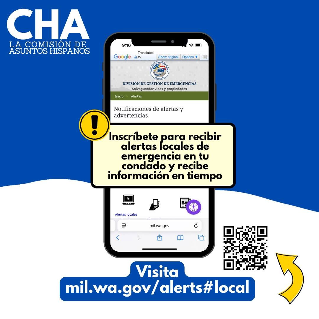 Con el clima reciente en todo el estado, &iexcl;mantente al d&iacute;a con las alertas de emergencia locales en tu condado! C&oacute;mo registrarte para recibir alertas locales de emergencia en Washington: 

1. Ingresa a: https://mil.wa.gov/alerts#lo