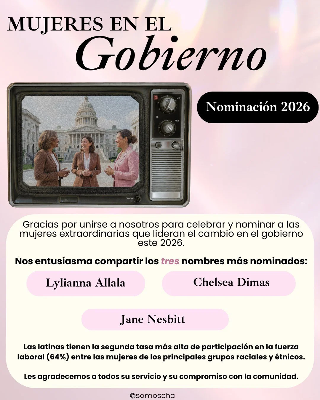 Gracias por ser parte del proceso de nominaci&oacute;n para reconocer a las mujeres destacadas en el gobierno que est&aacute;n haciendo contribuciones notables. Nos complace compartir las tres principales nominadas seleccionadas para este a&ntilde;o.