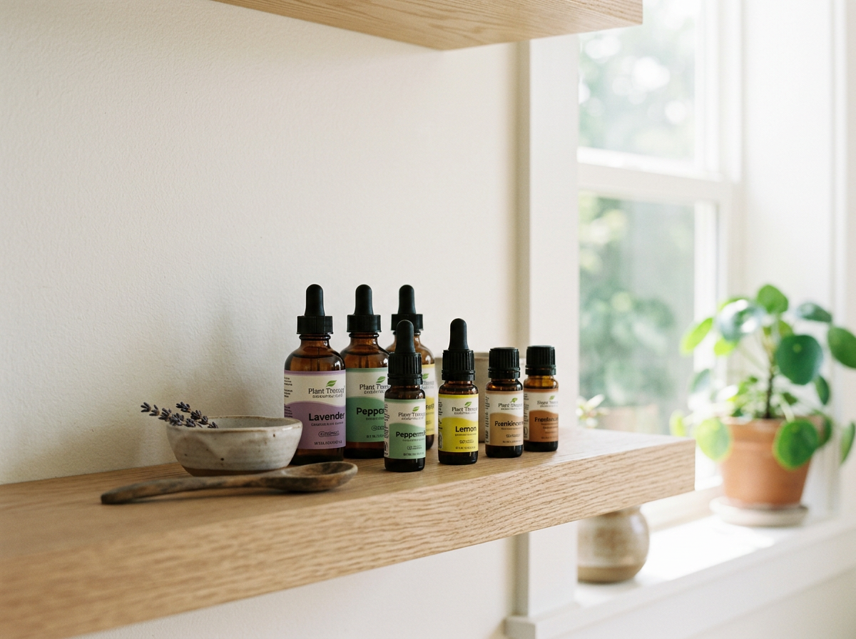 Person applying essential oil to their forearm on a wooden table with bottles of oil, a candle, and flowers.