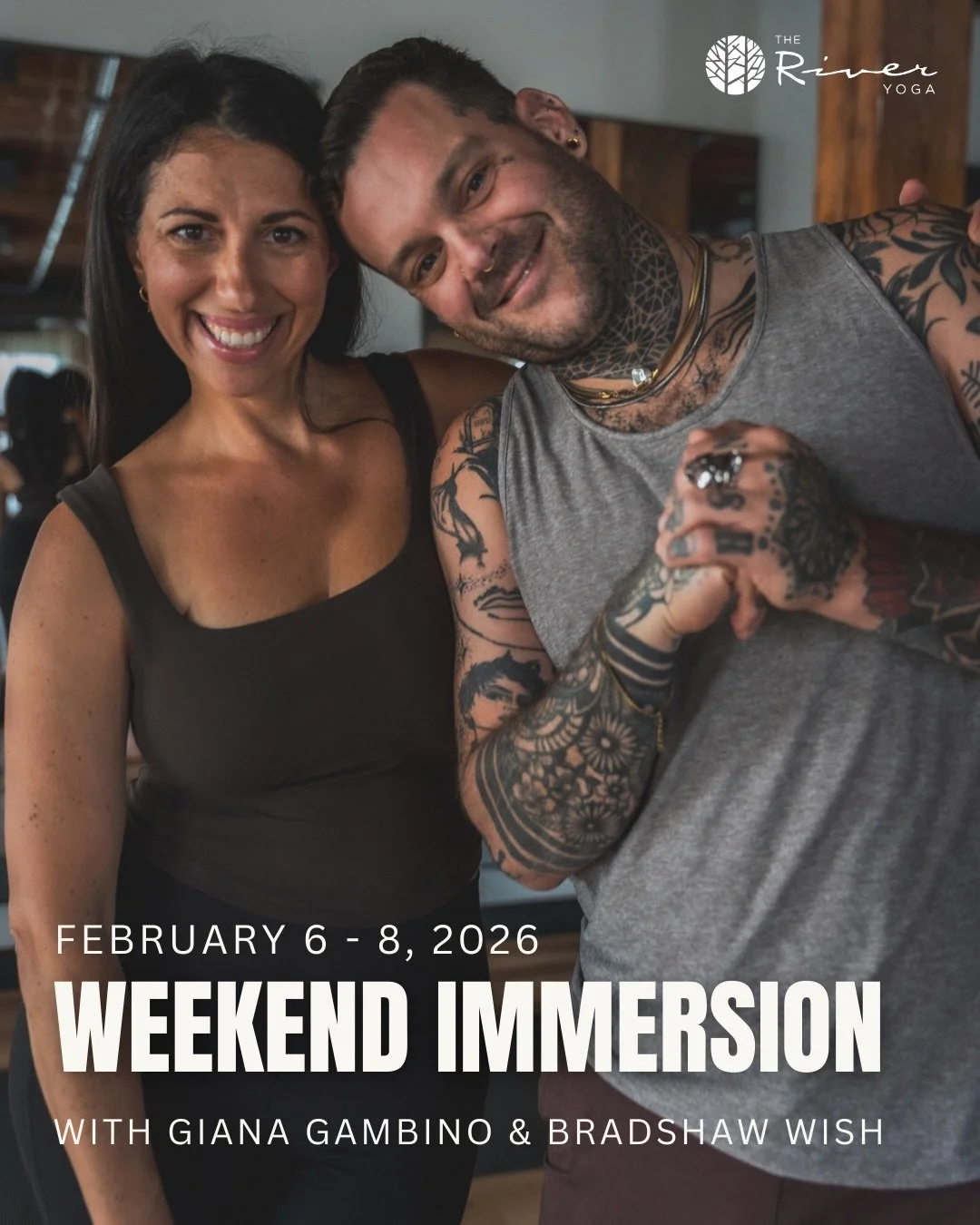 JUST ANNOUNCED! 📣 Join us at The River Yoga for a Weekend Immersion led by @gianagambino and @bradshawwish, February 6-8, 2026. Get ready for a weekend packed with learning, FUN and practice with these two influential teachers of @cayayogaschool. 

