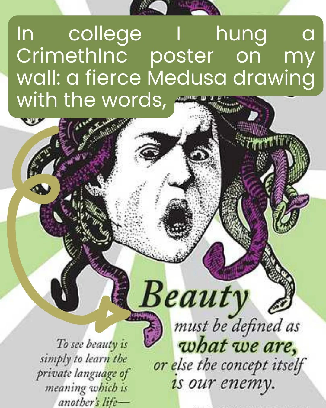In college I hung a Crimethinc poster on my wall: a fierce Medusa drawing with the words:⁠
⁠
"Beauty must be defined as what we are or else the concept itself is our enemy."⁠
⁠
At the time, I thought it was *just* about beauty.⁠
⁠
Now I rea
