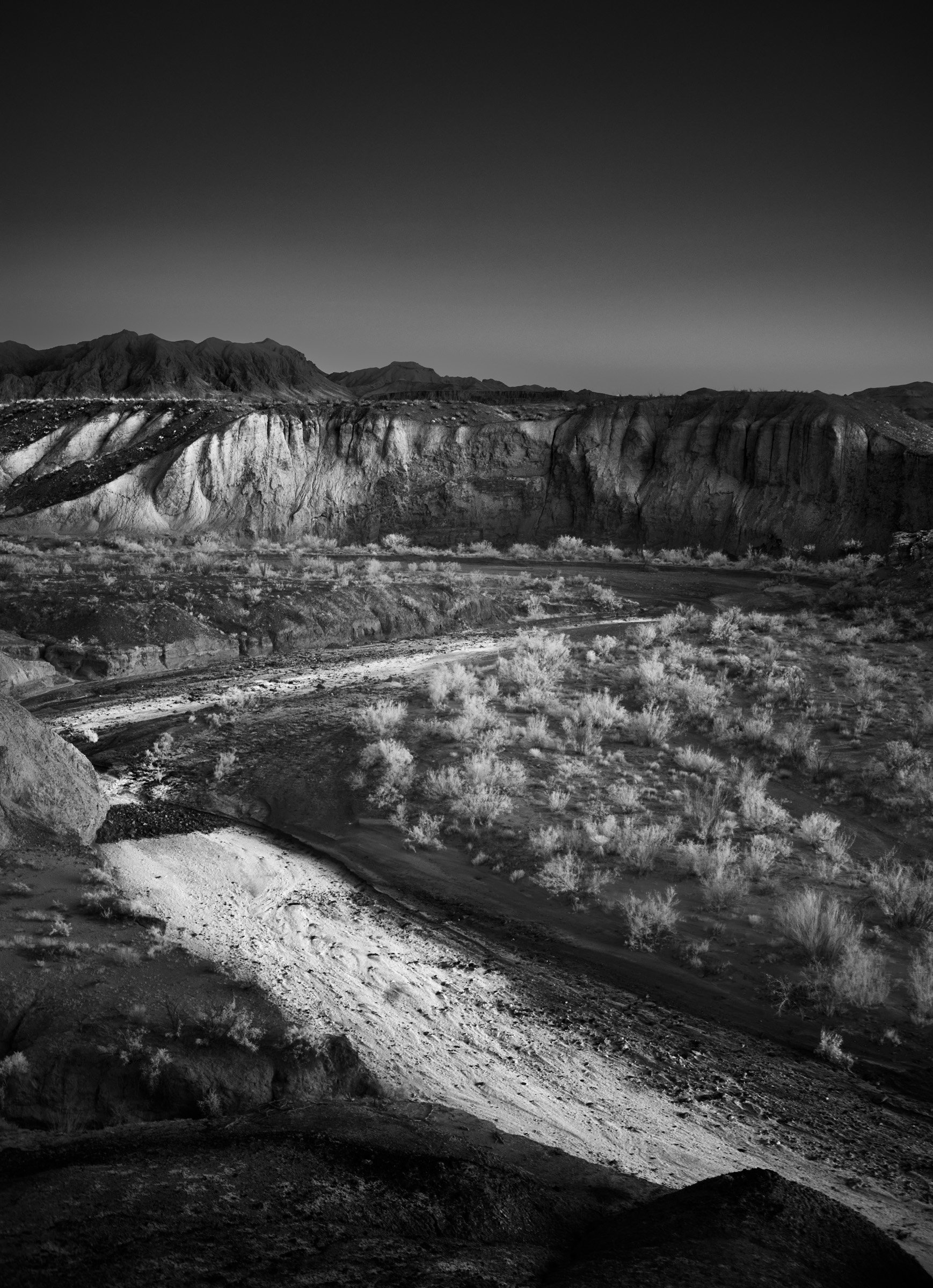 Bend in the Arroyo - A pale arroyo bends through darker ground and brush, carrying light along its curve; Big Bend cliffs hold the far edge in stillness.