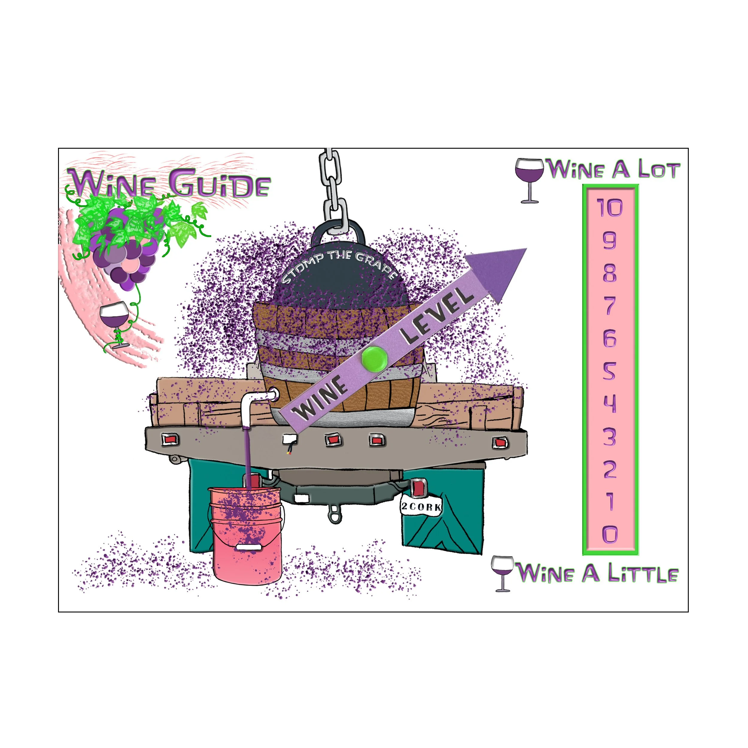 There is a half wine barrel in the back of an old flatbed truck and a wrecking ball is smashing the grapes. On the wrecking ball it says"Stomp The Grape".