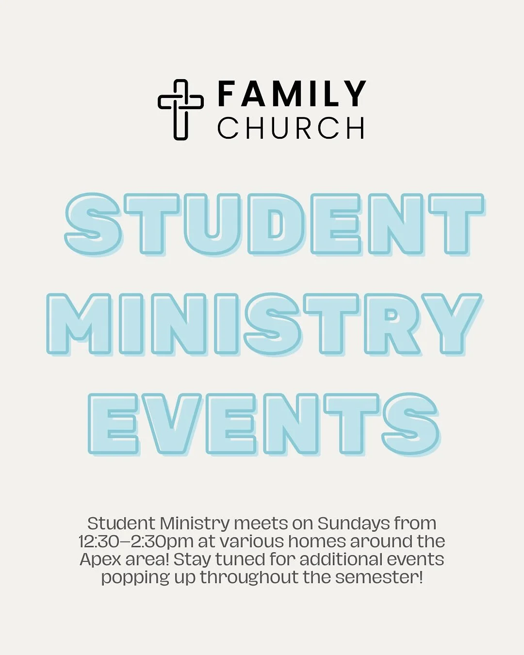 🎉 Student Ministry Calendar is Here!
We&rsquo;re excited for an awesome semester of Student Ministry! We&rsquo;ll meet on Sundays from 12:30&ndash;2:30pm at homes around the Apex area. 🏡

Swipe through to check out all the dates, and be sure to kee
