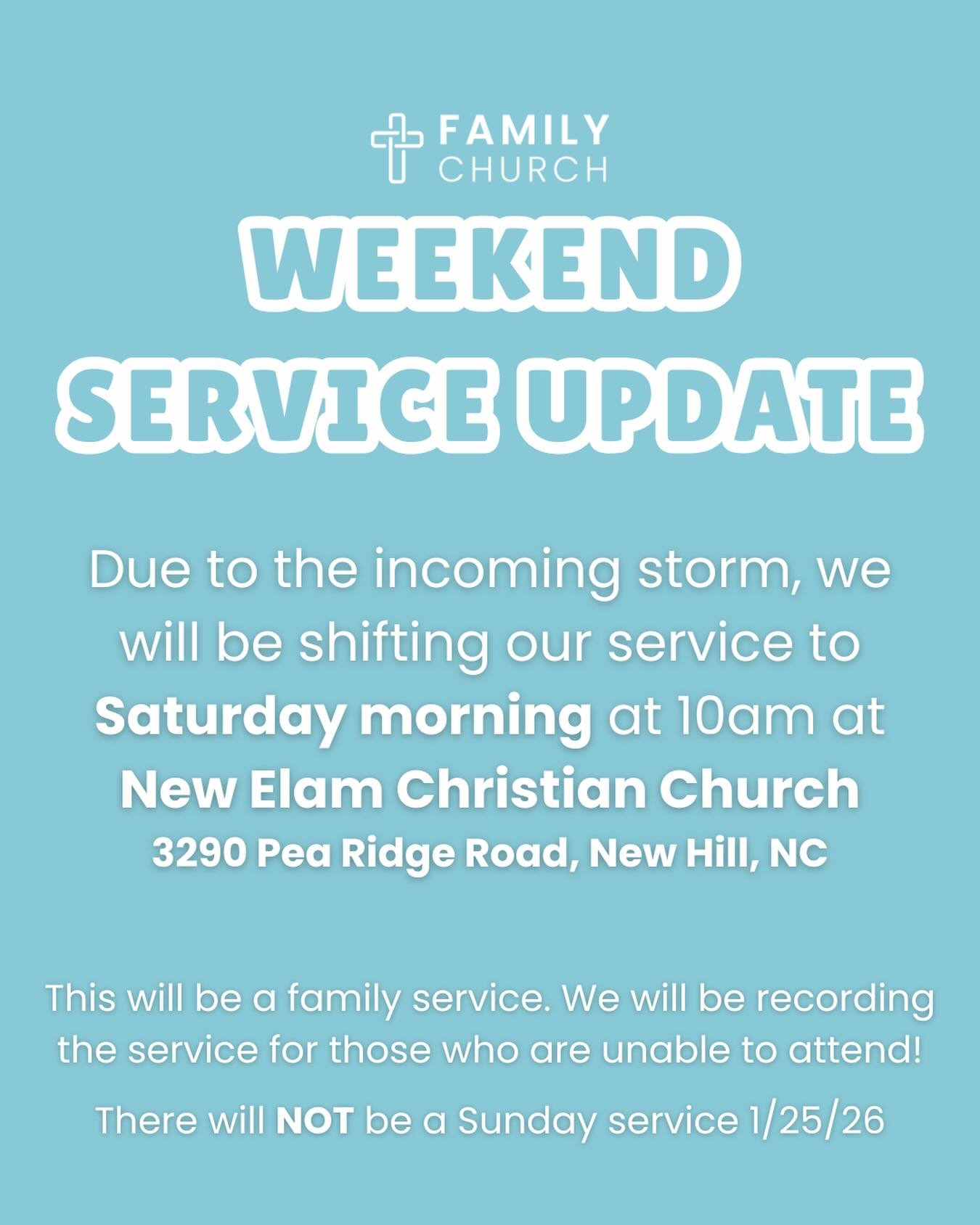 This will be a family service, with no childcare provided. We&rsquo;ll have worship, a message from the book of Acts, communion and prayer. We&rsquo;ll also have our coffee bar set up as well. 

We will be recording the service for those who are unab