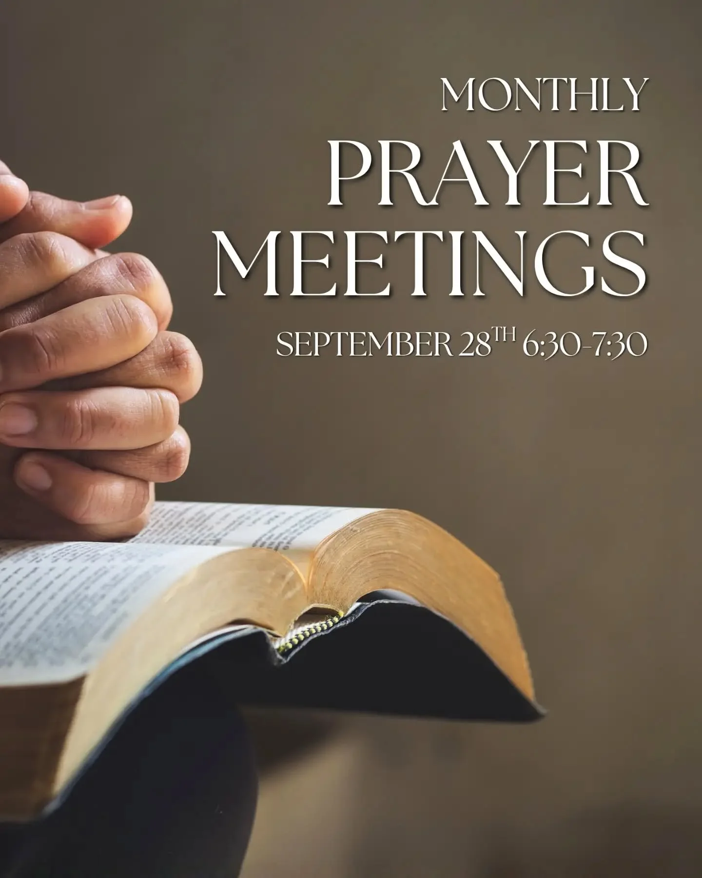 Monthly Prayer Meeting 
September 28 
6:30&ndash;7:30 PM

Join us at the Kodamala Home for an evening of prayer, fellowship, and drawing closer to God together. 

We&rsquo;ll have a prepared list of prayer points to guide our time, and you&rsquo;re w