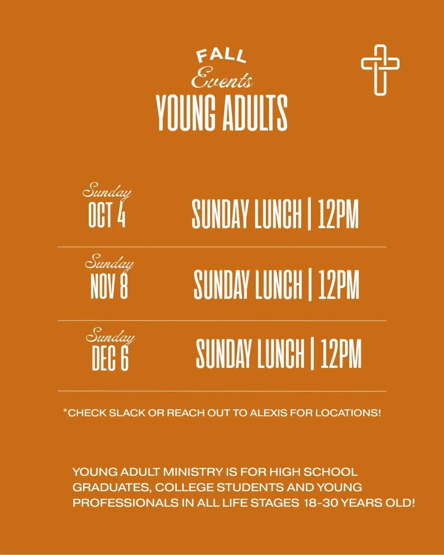 🎉 Young Adults, let&rsquo;s grab lunch!

If you&rsquo;re a high school graduate through age 30, come hang out with us for lunch, good conversation, and a chance to connect with other young adults!

We will be meeting the first Sunday of each month t