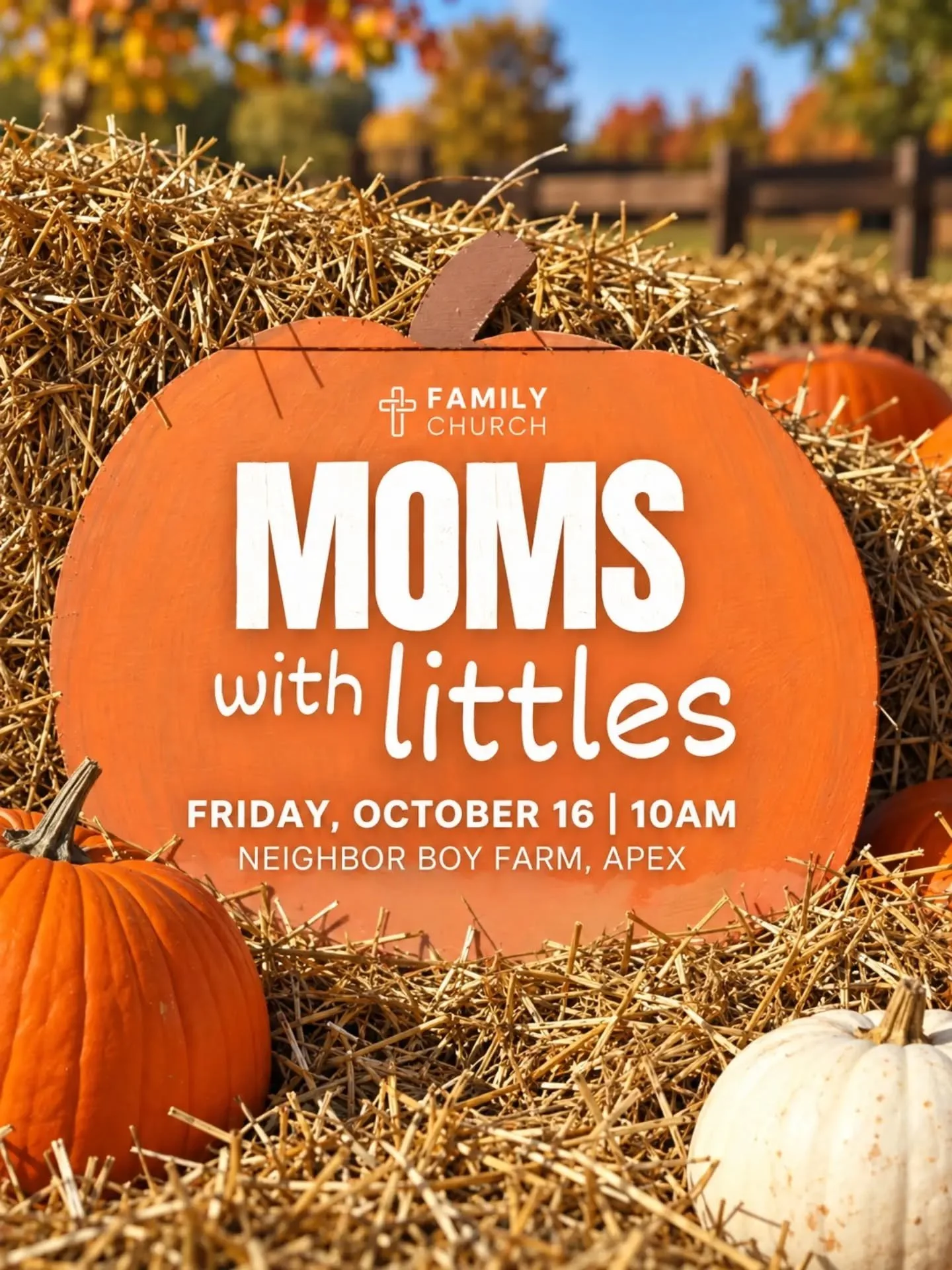 🍂🎃 Moms with Littles, let&rsquo;s enjoy a fun fall morning together! 

Grab a fall festive drink and join us this Friday, October 16, at Neighbor Boy Farm in Apex for some autumn fun and fellowship. 

We can&rsquo;t wait to see you there at 10 AM! 