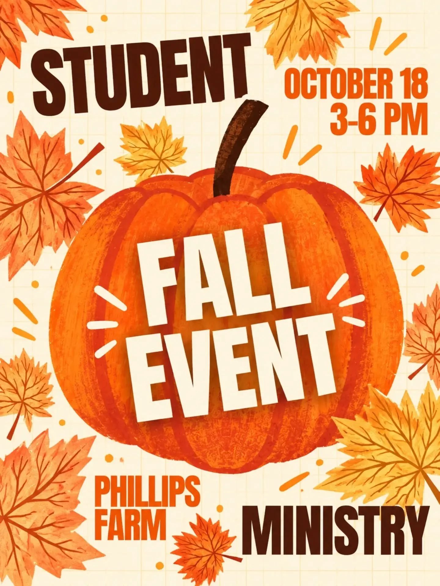 🍂🎃 Student Ministry Fall Event! 🎃🍂

Join us for an afternoon of fall fun at Phillips Farm on Sunday, October 18, from 3&ndash;6 PM! 🌽🍁

🎟️ Cost: $22 per person 
📍 Location: Phillips Farm, 6800 Good Hope Church Rd., Morrisville

Your admission