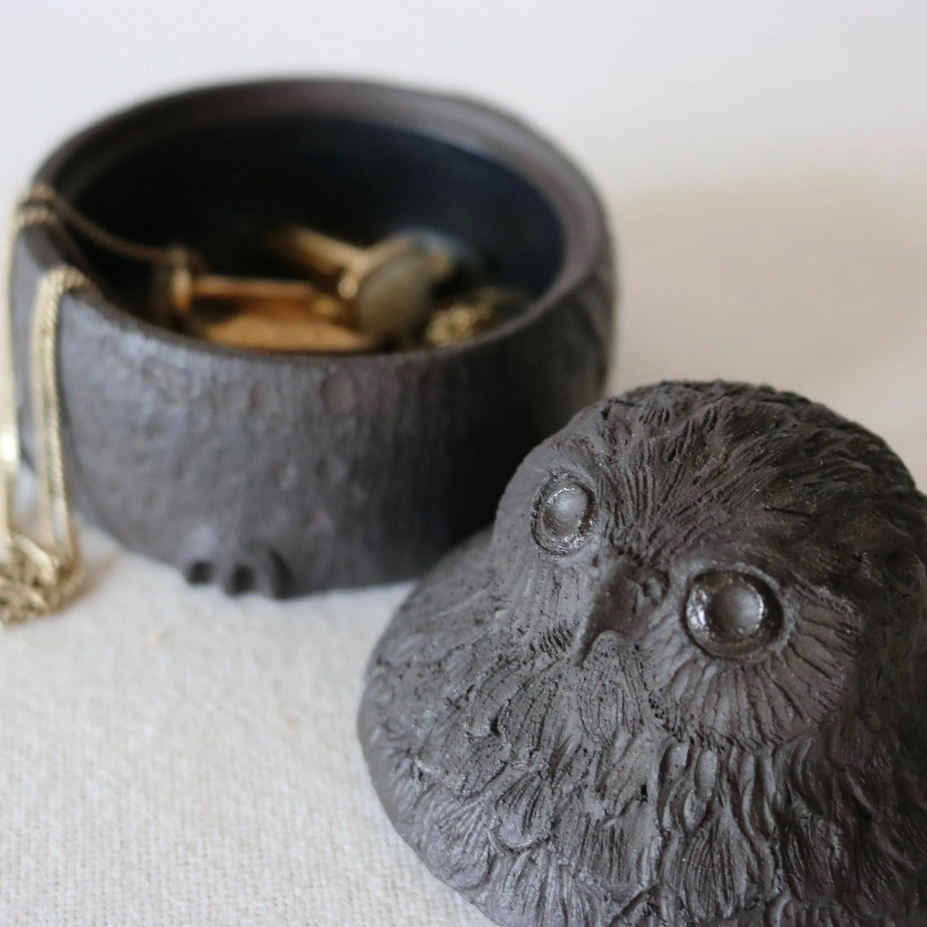 Black stoneware handcarved ceramic trinket box. Ruru ( morepork) owl native to New Zealand.