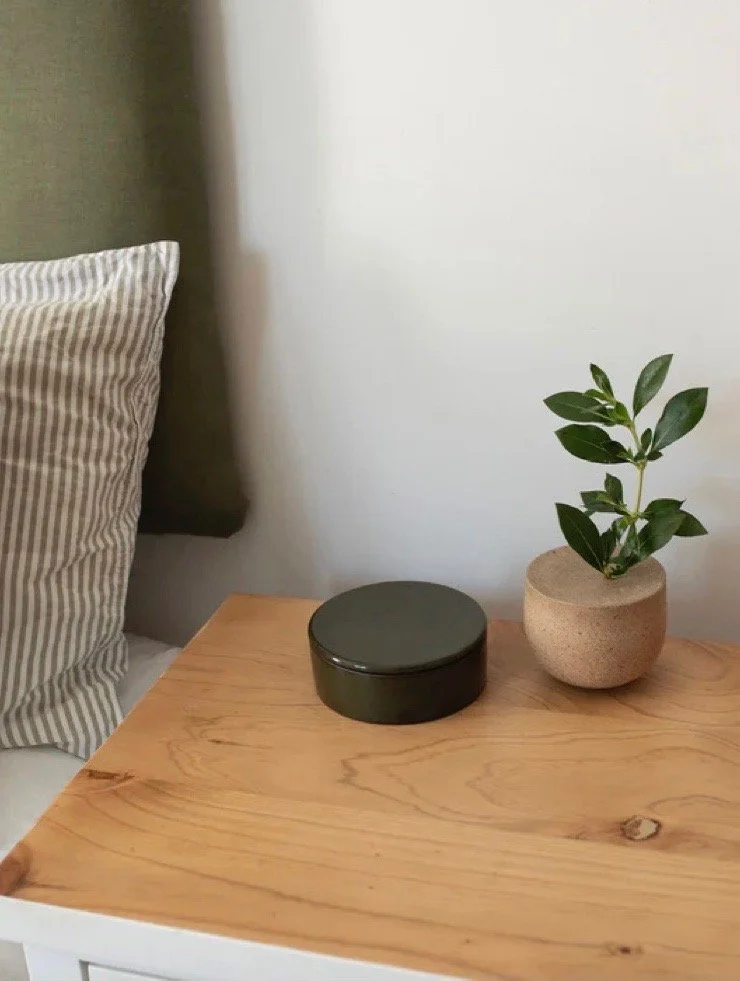 A wooden nightstand with a striped pillow on a bed, a black container, and a small green plant in a beige pot on top.