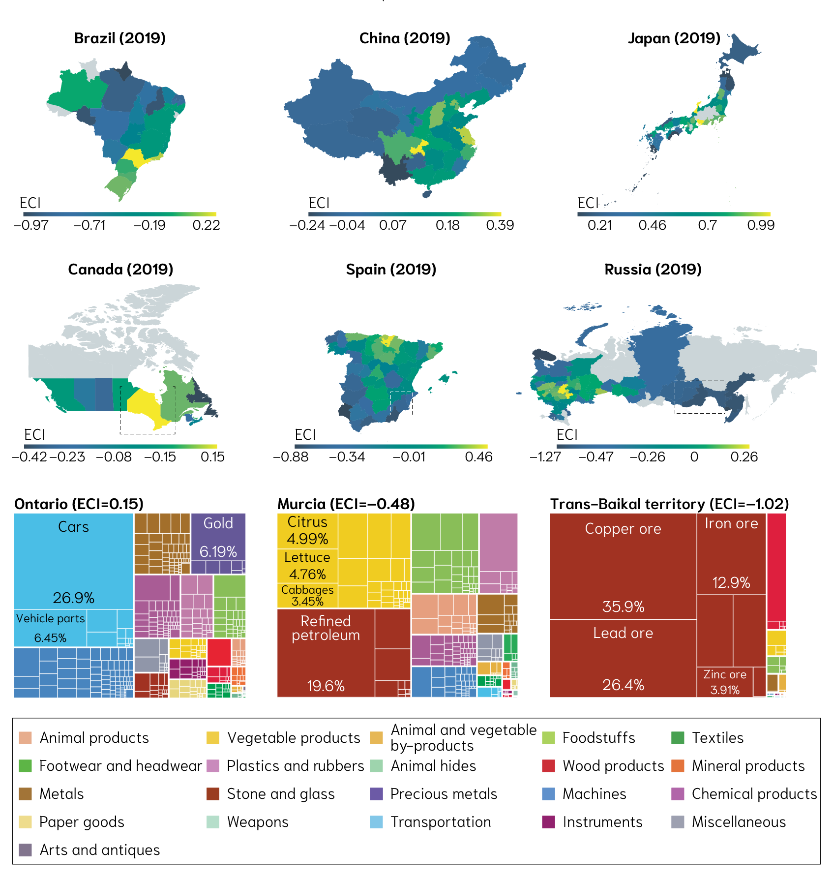 The maps use international trade data to depict the Economic Complexity Index (ECI) for regions in Brazil, China, Japan, Canada, Spain and Russia. The maps were made in QGIS and then illustrator, and RAWGraphs was used to make the tree maps