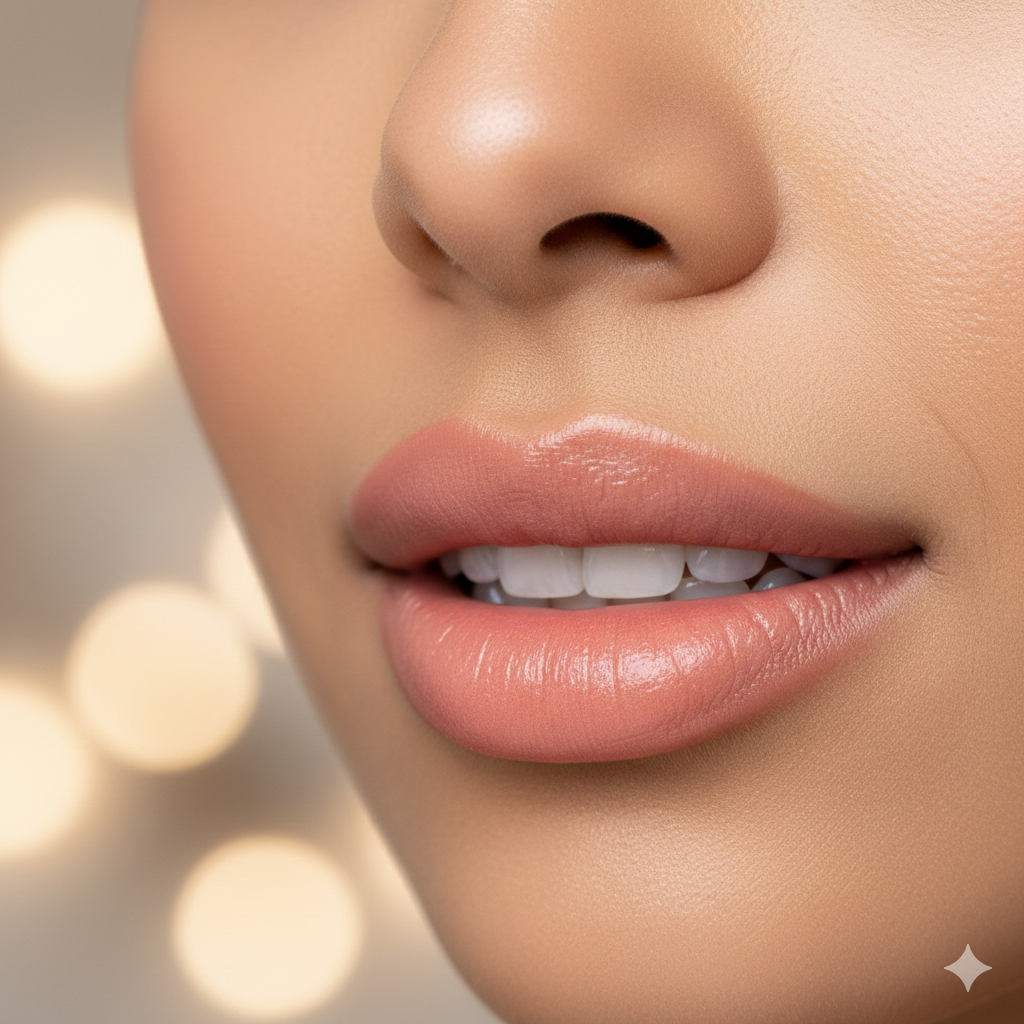 Close-up of a woman's lips, nose, and part of her cheek with smooth skin, wearing light pink lipstick, against blurred lights in the background.
