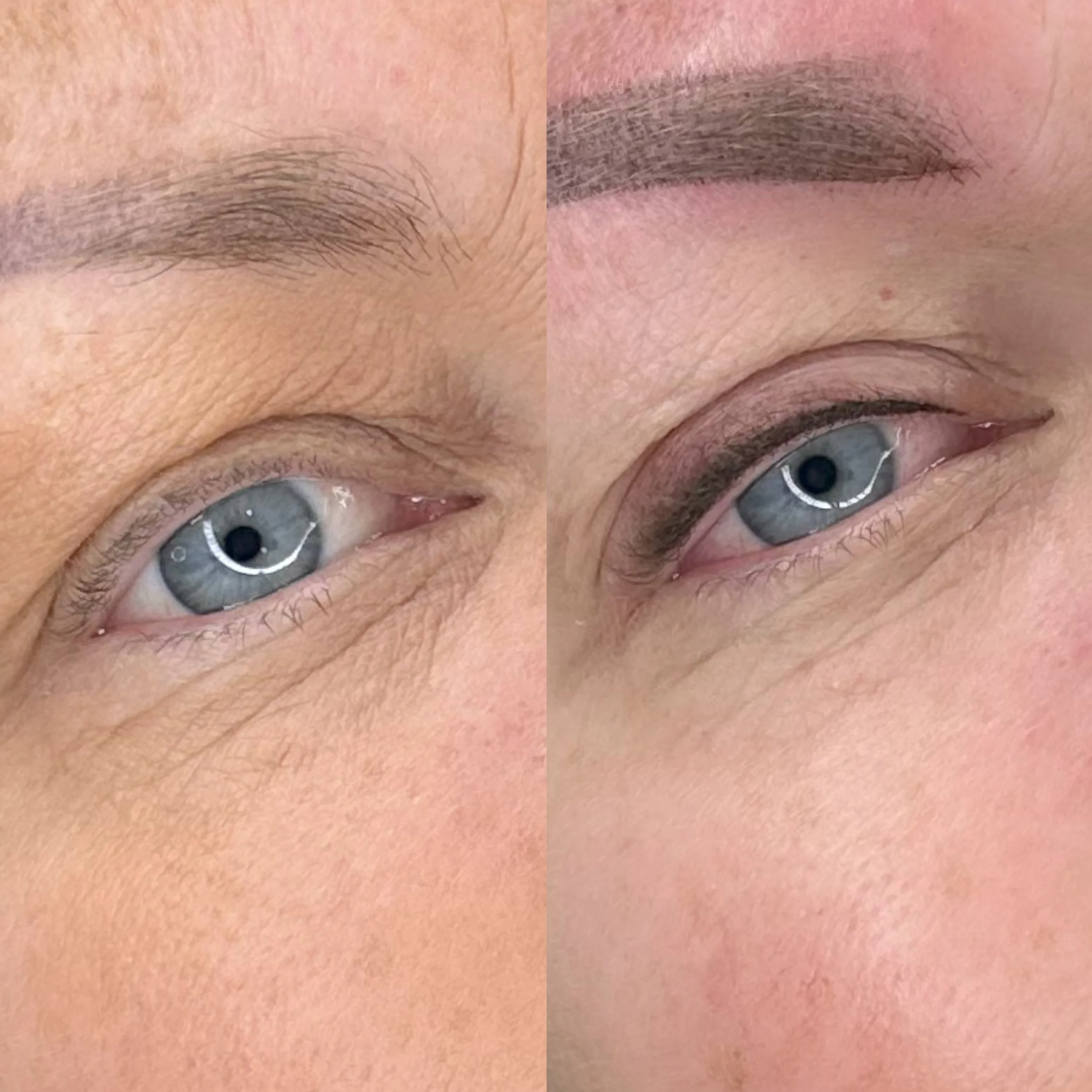 Side-by-side comparison of a person's eye, showing before and after makeup application, with eyelash enhancements and eyeshadow, featuring blue eyes and well-groomed eyebrows.