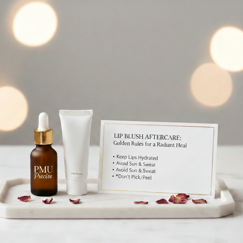 A small brown and white dropper bottle labeled 'PMU Precise', a white tube, and a sign with tips for lip blush aftercare, all placed on a white tray with rose petals, against a softly blurred background with light circles.