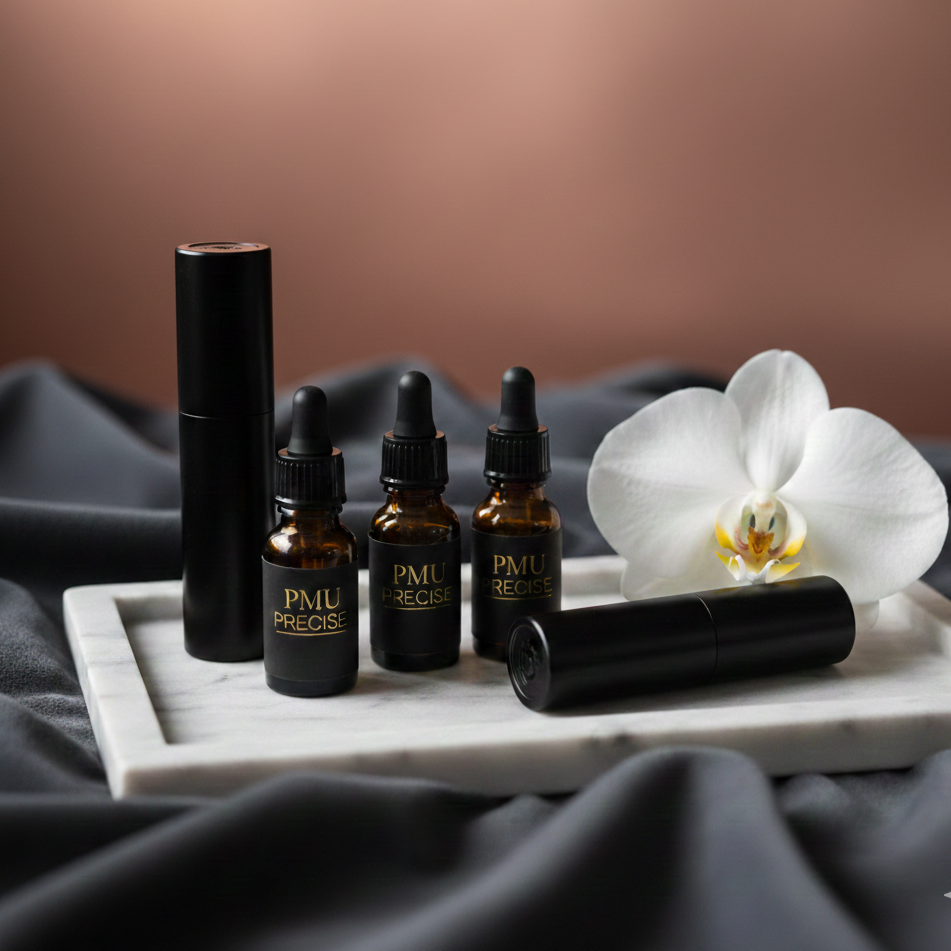 A white orchid flower and black skincare bottles on a white marble tray, with black fabric background.