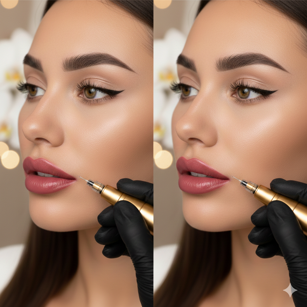 A close-up of a woman receiving lip augmentation with a syringe, with makeup and a neutral expression.