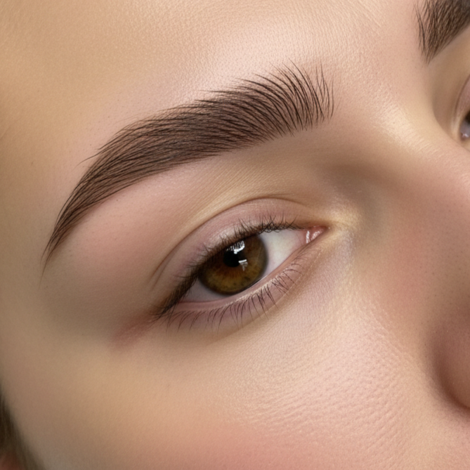 Close-up of a person's eye with well-groomed eyebrow and smooth skin.