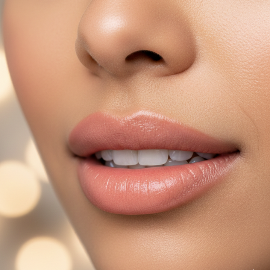 Close-up of a person's lips and nose, with a small part of their teeth visible, showing smooth skin.