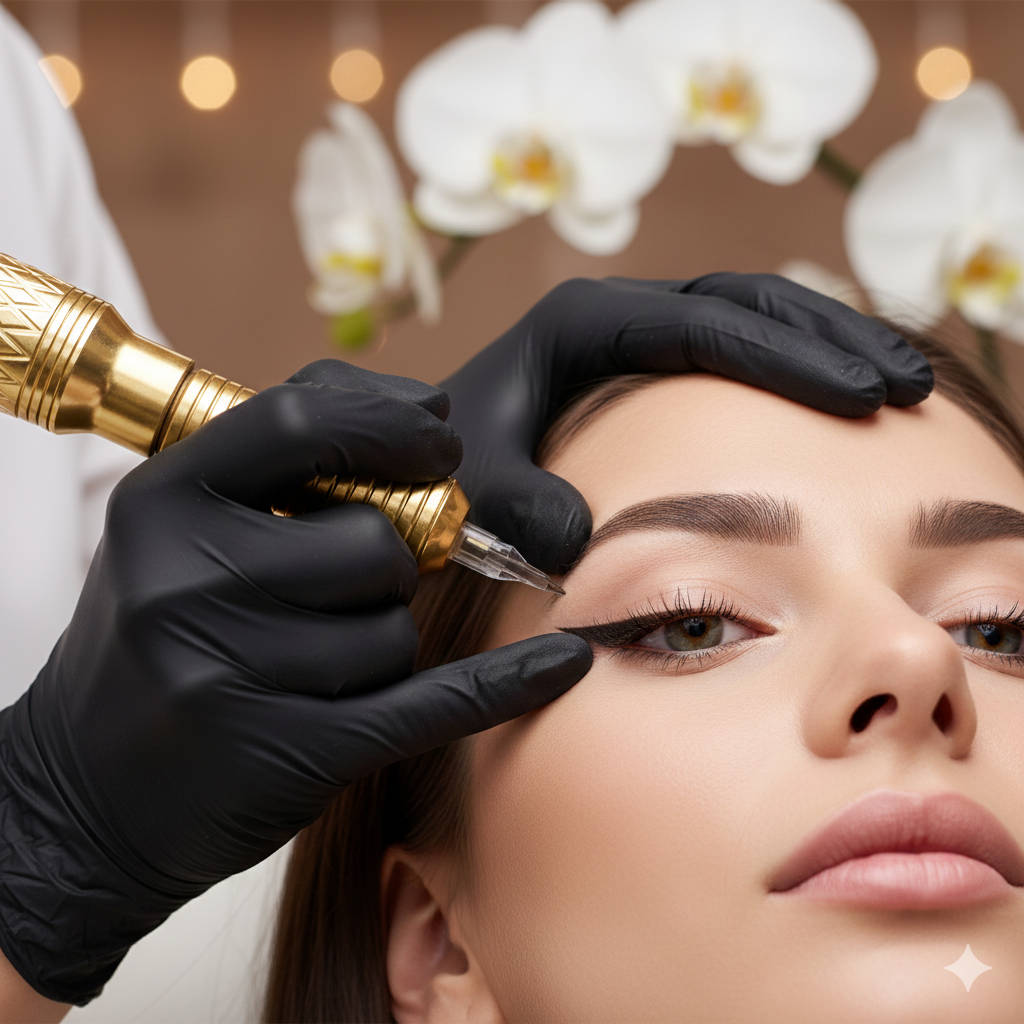 A woman receives a cosmetic treatment with a syringe on her eyebrow while a professional wearing black gloves performs the procedure. White orchids and blurred warm lights are in the background.