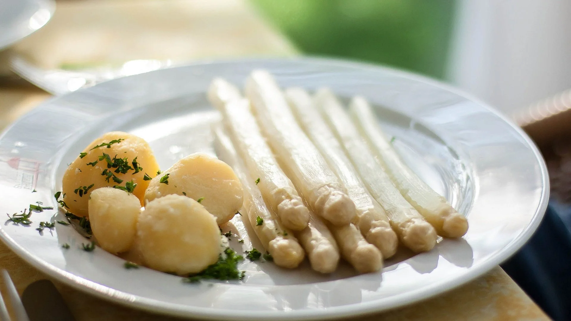 White asparagus on a plate with potatoes
