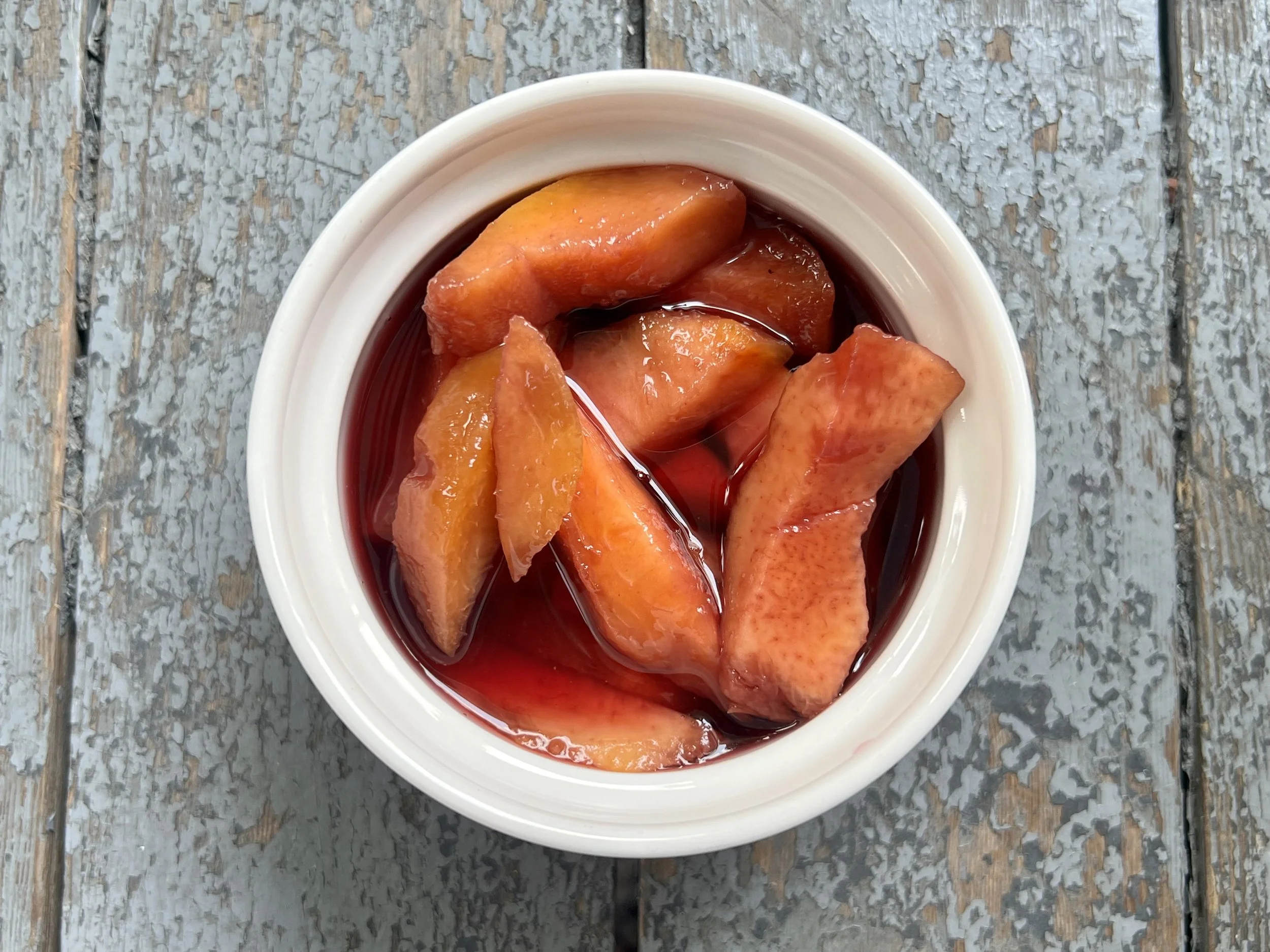 Peaches Steeped in Wine, in White Ramekin