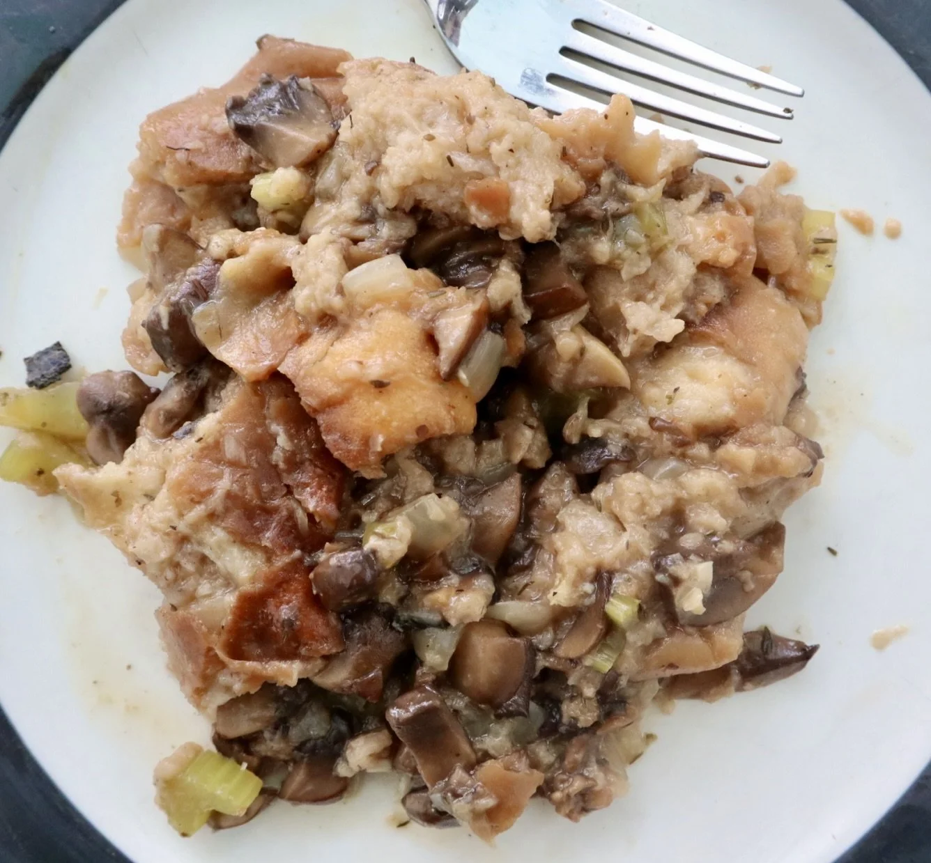 Mushroom stuffing on a white plate