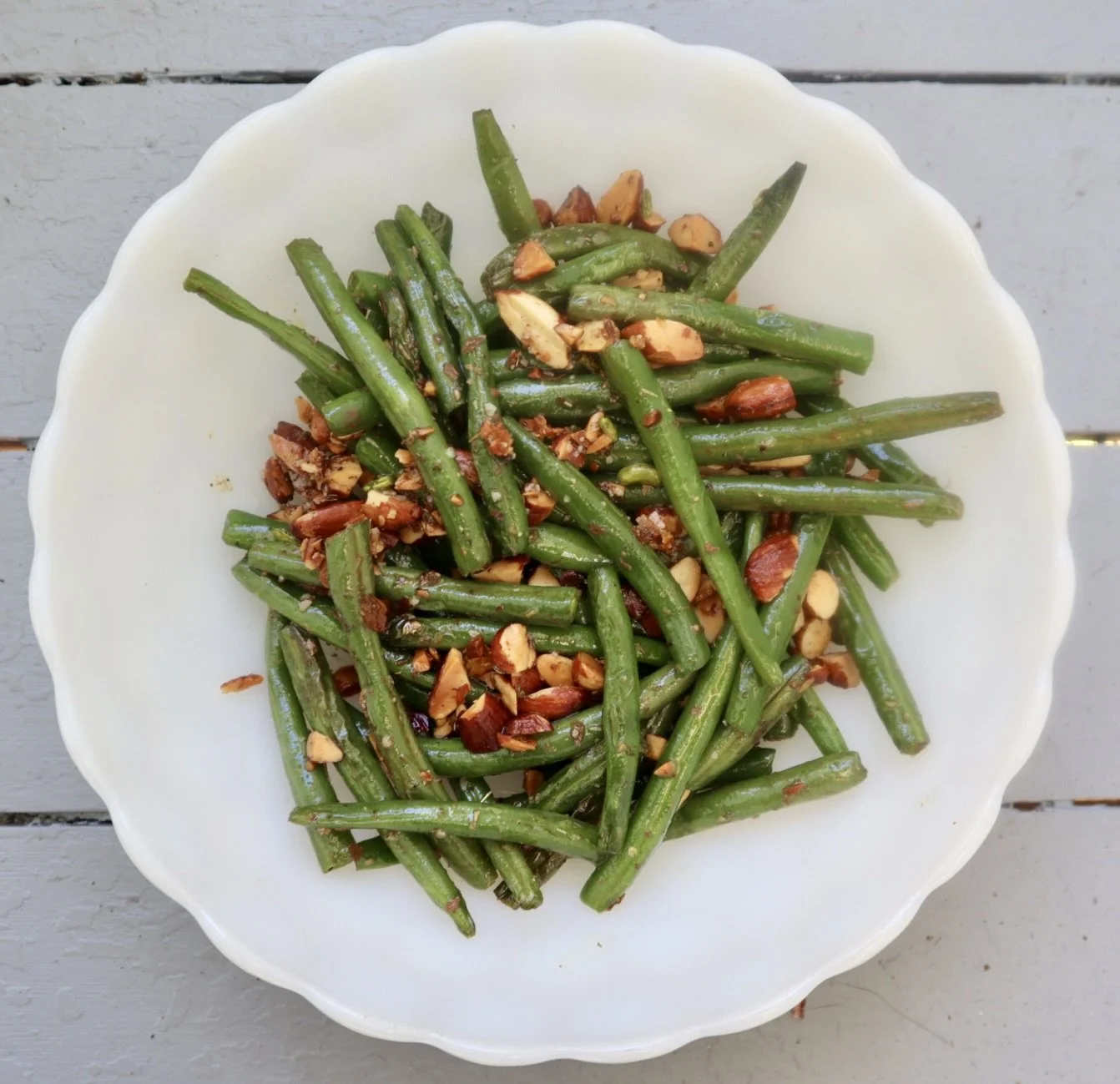 Green Beans Almondine in white bowl