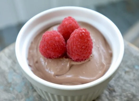 Chocolate Raspberry Mousse in a Ramekin with 3 raspberries