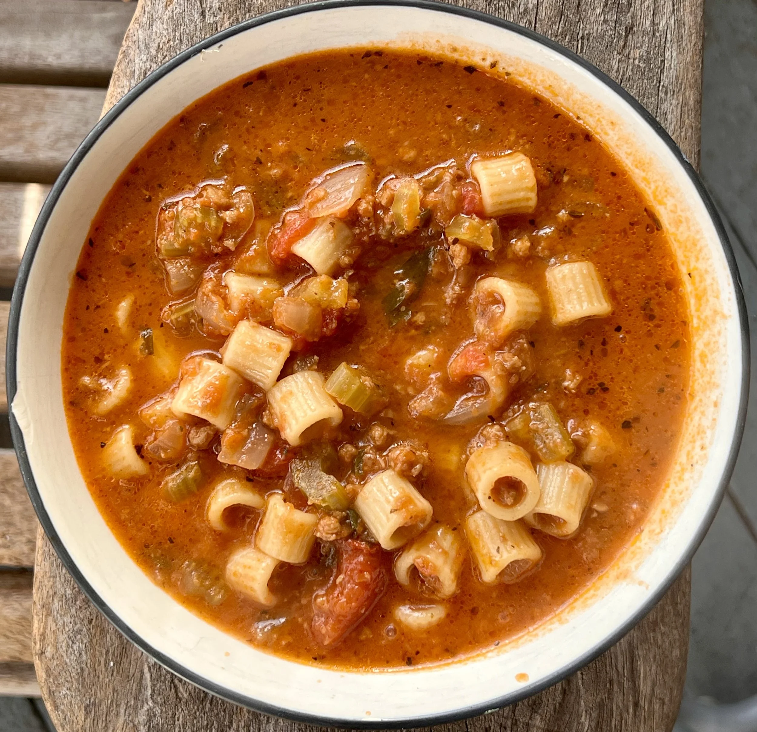 Italian soup with tubetti pasta, Impossible sausage, and tomatoes