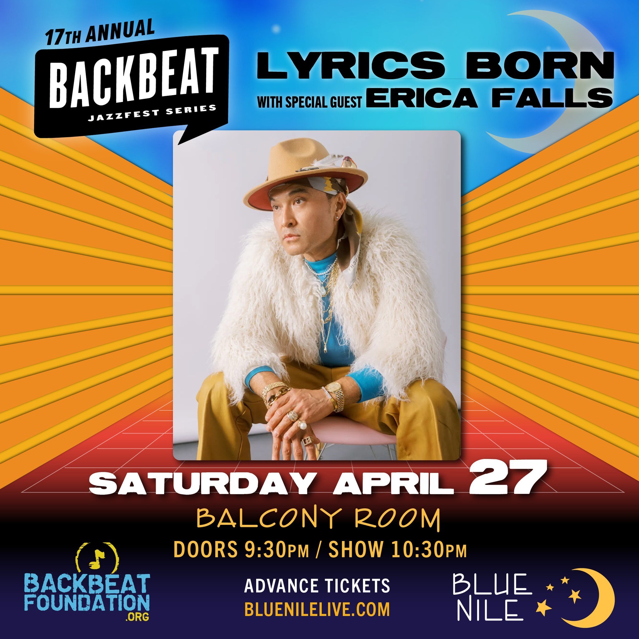 17th Annual Backbeat JazzFest Series presents Lyrics Born with Special Guest Erica Falls!
Saturday April 27 at 10:30PM in the Blue Nile Balcony Room (UPSTAIRS) 
✨🌙
ADVANCE TICKETS ON SALE NOW at bluenilelive.com

@backbeatfoundation  @lyricsborn @er