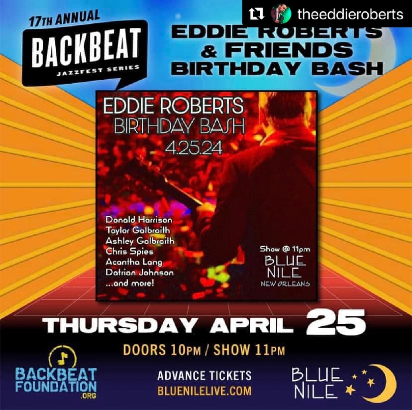 ADVANCE TICKETS bluenilelive.com
#Repost @theeddieroberts with @use.repost
・・・
Roll call! We made it to NoLa?!?! Come join me tonight at Blue Nile for a funky kickoff to your JazzFest with some great friends! 🎉