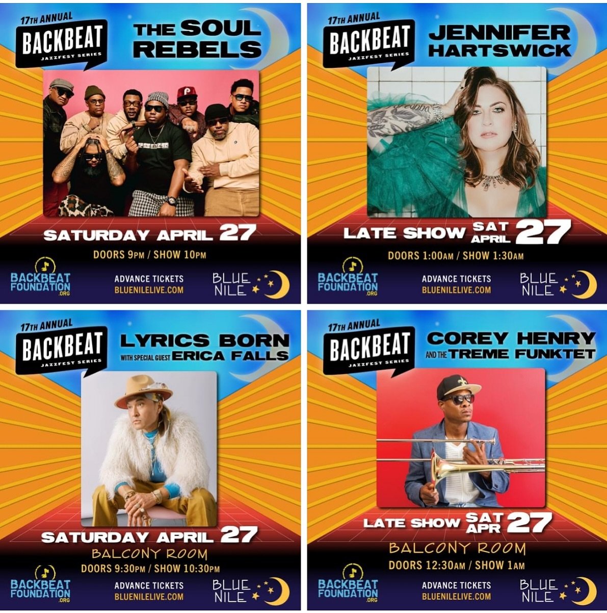 See YOU at the Blue Nile TONIGHT if you know what&rsquo;s GOOD!
Advance tickets (while they last) bluenilelive.com
✨🌙
George Brown Band 8PM
The Soul Rebels, Jennifer Hartswick downstairs
Lyrics Born with Erica Falls, Corey Henry &amp; the Treme Funk